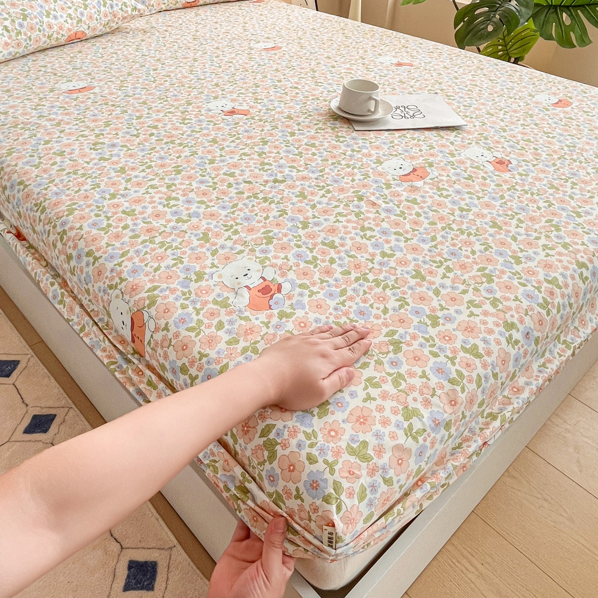 91家纺网 家纺一手货源 找家纺 金泰莱 2025新款升级细纱原棉老粗布印花单床笠床笠单件单品床笠 花朵熊