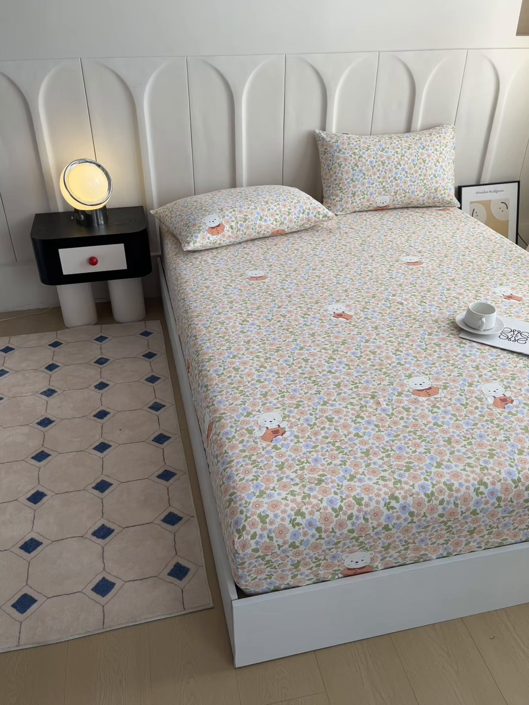 91家纺网 家纺一手货源 找家纺 金泰莱 2025新款升级细纱原棉老粗布印花单床笠床笠单件单品床笠 花朵熊