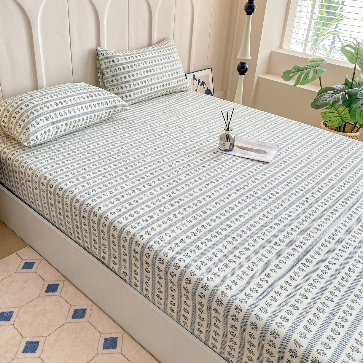 91家纺网 家纺一手货源 找家纺 金泰莱 2025新款升级细纱原棉老粗布印花单床笠床笠单件单品床笠 蓝心