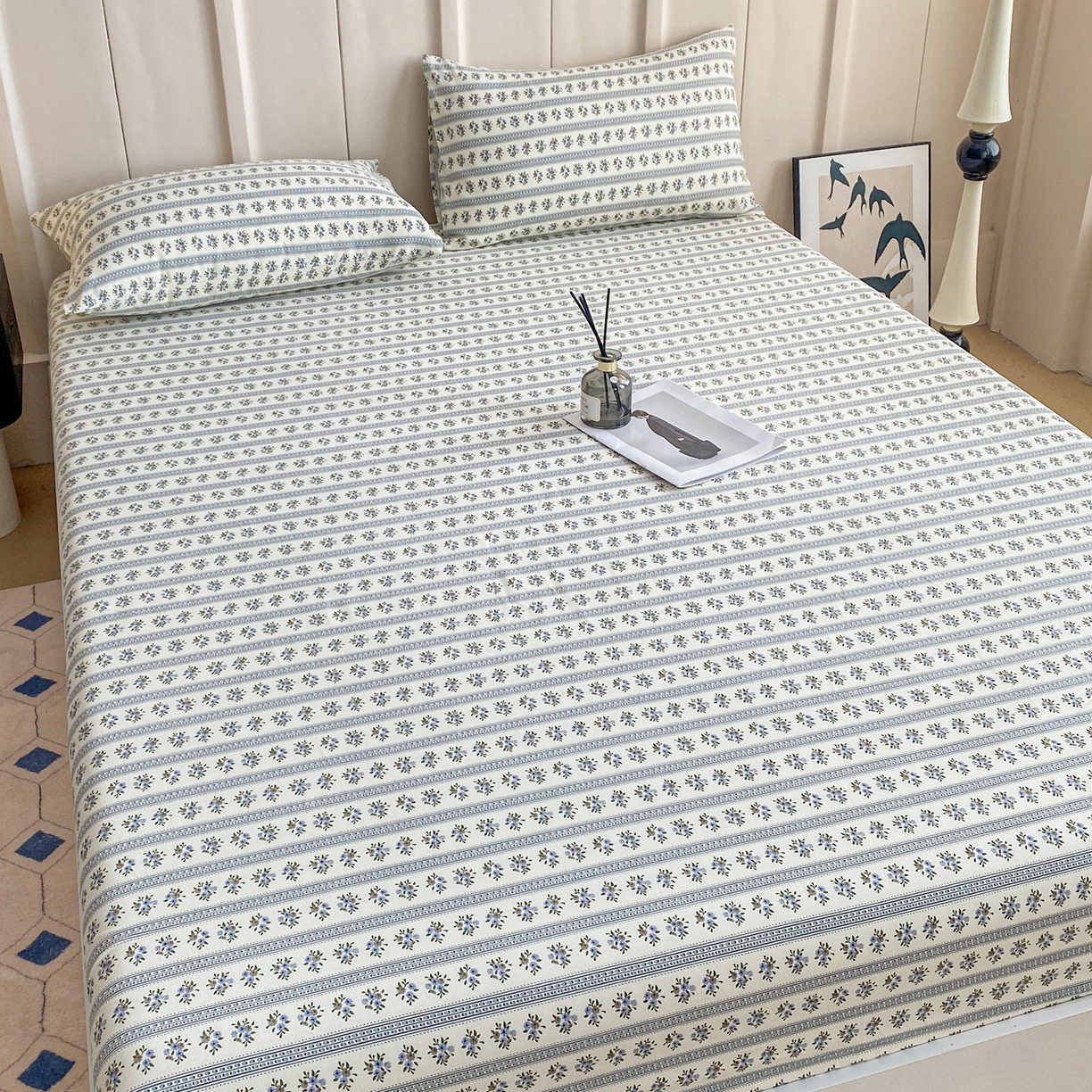 91家纺网 家纺一手货源 找家纺 金泰莱 2025新款升级细纱原棉老粗布印花单床笠床笠单件单品床笠 蓝心