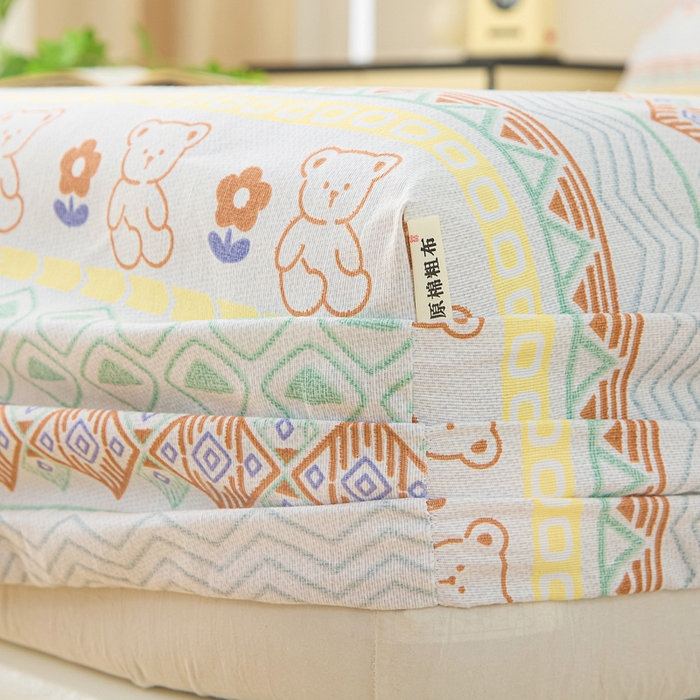 91家纺网 家纺一手货源 找家纺 金泰莱 2025新款升级细纱原棉老粗布印花单床笠床笠单件单品床笠 条纹小熊