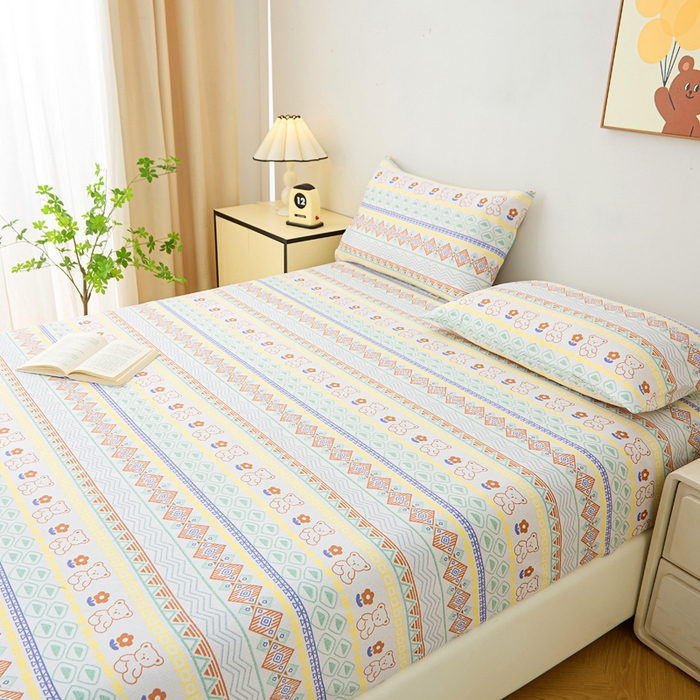 91家纺网 家纺一手货源 找家纺 金泰莱 2025新款升级细纱原棉老粗布印花单床笠床笠单件单品床笠 条纹小熊