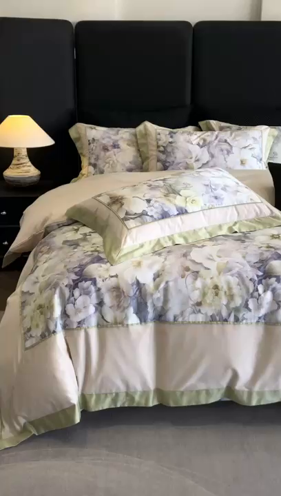 91家纺网 家纺一手货源 找家纺 佳汐蓝家纺 2025秋冬新款臻棉磨毛数码印花大拼角四件套 嘉园-绿