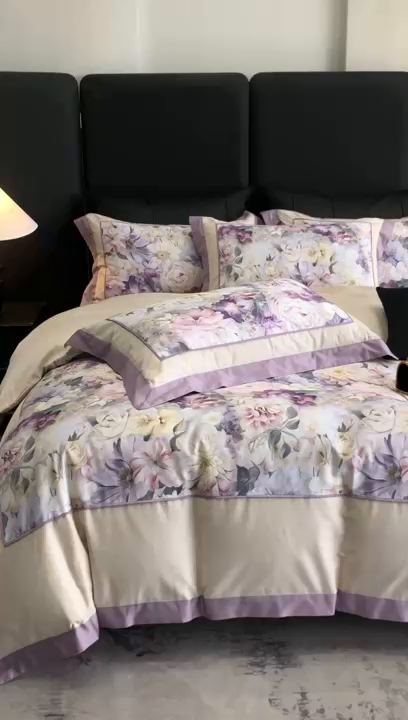 91家纺网 家纺一手货源 找家纺 佳汐蓝家纺 2025秋冬新款臻棉磨毛数码印花大拼角四件套 娇晓-紫