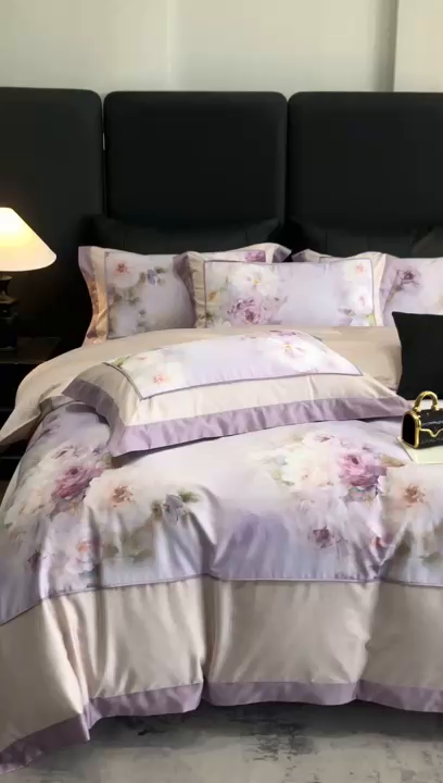 91家纺网 家纺一手货源 找家纺 佳汐蓝家纺 2025秋冬新款臻棉磨毛数码印花大拼角四件套 萧然-粉