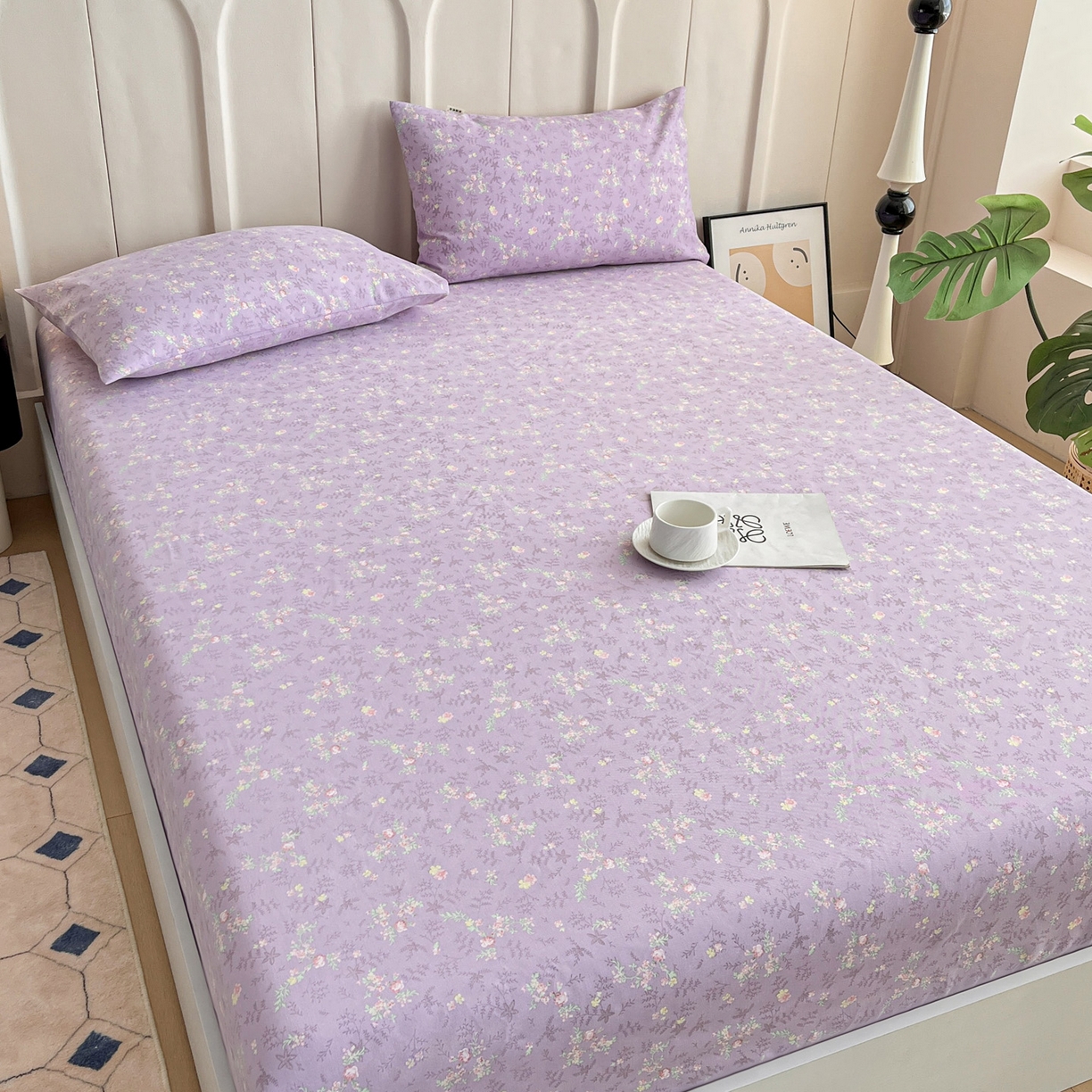 91家纺网 家纺一手货源 找家纺 金泰莱 2025新款升级细纱原棉老粗布印花单床笠床笠单件单品床笠 紫罗兰