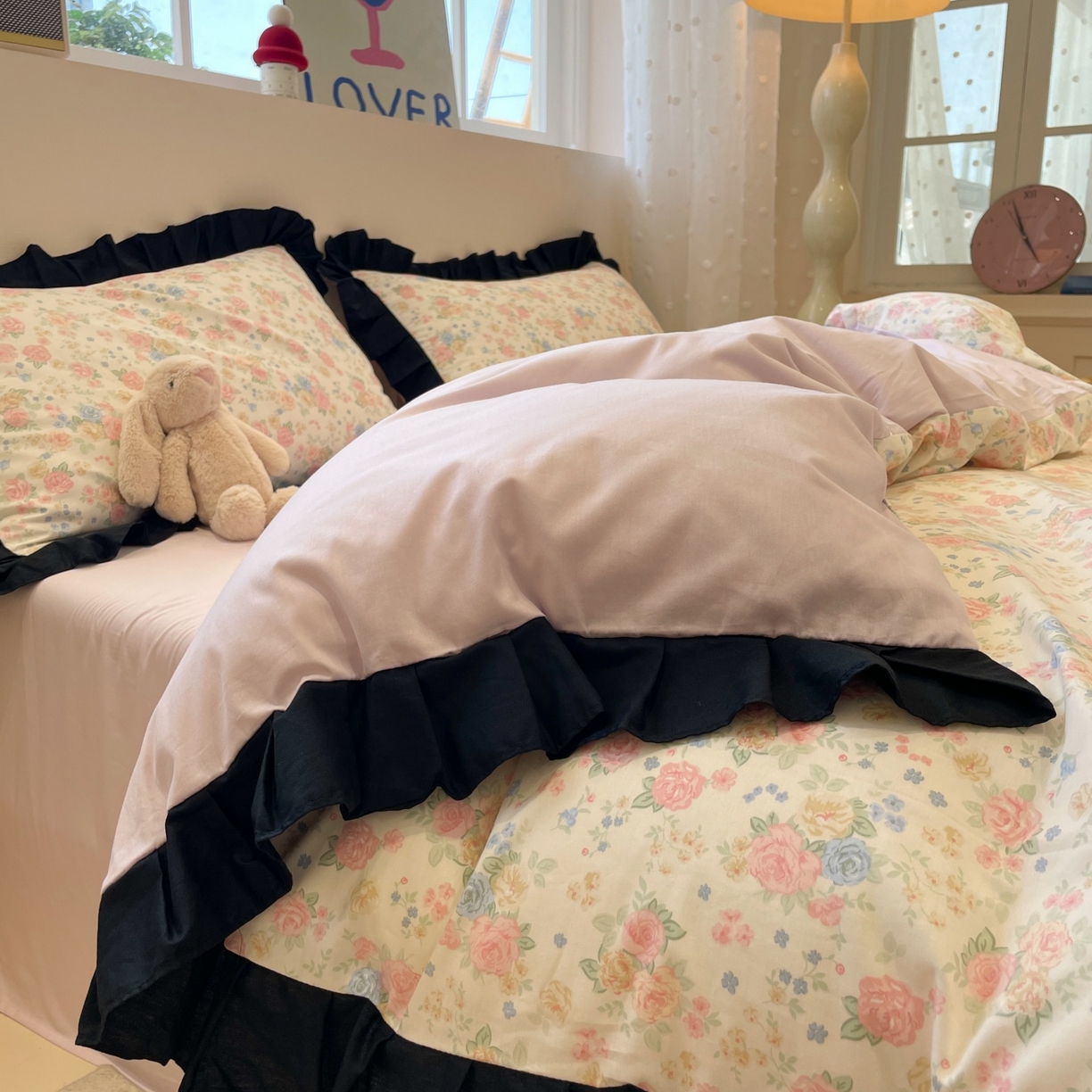 羚羊语家纺 2025秋冬新款复古小清新花边款40支全棉纯棉轻法式13372小清新喷气印花 莫奈花园