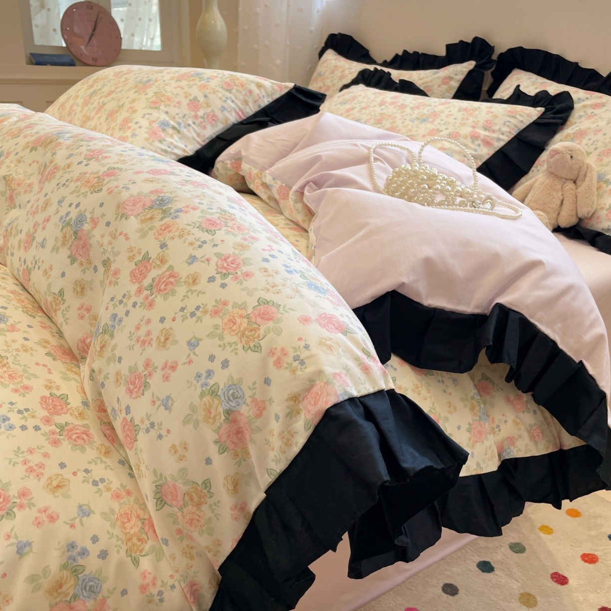 91家纺网 家纺一手货源 找家纺 羚羊语家纺 2025秋冬新款复古小清新花边款40支全棉纯棉轻法式13372小清新喷气印花 莫奈花园