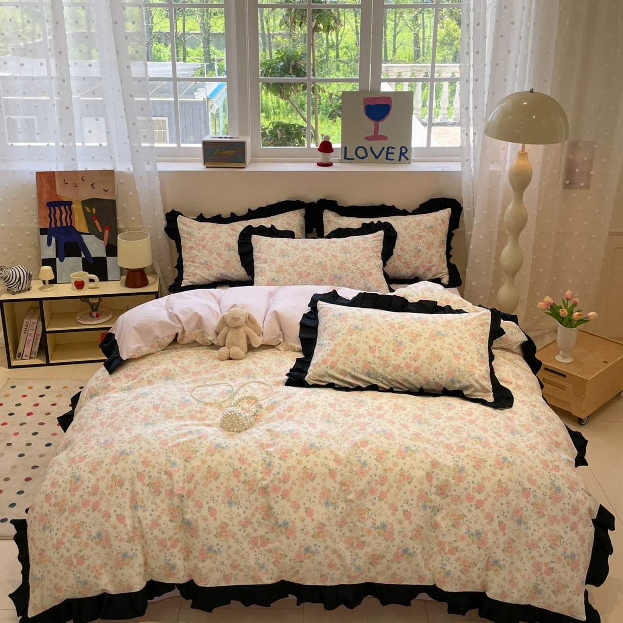 91家纺网 家纺一手货源 找家纺 羚羊语家纺 2025秋冬新款复古小清新花边款40支全棉纯棉轻法式13372小清新喷气印花 莫奈花园