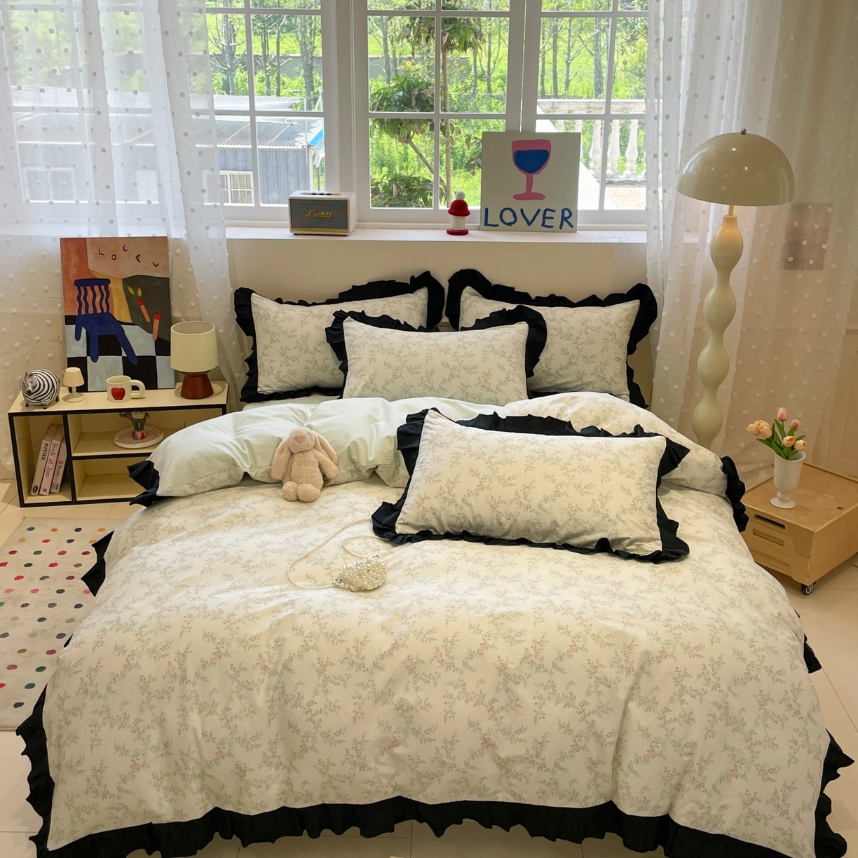 91家纺网 家纺一手货源 找家纺 羚羊语家纺 2025秋冬新款复古小清新花边款40支全棉纯棉轻法式13372小清新喷气印花 铃兰物语