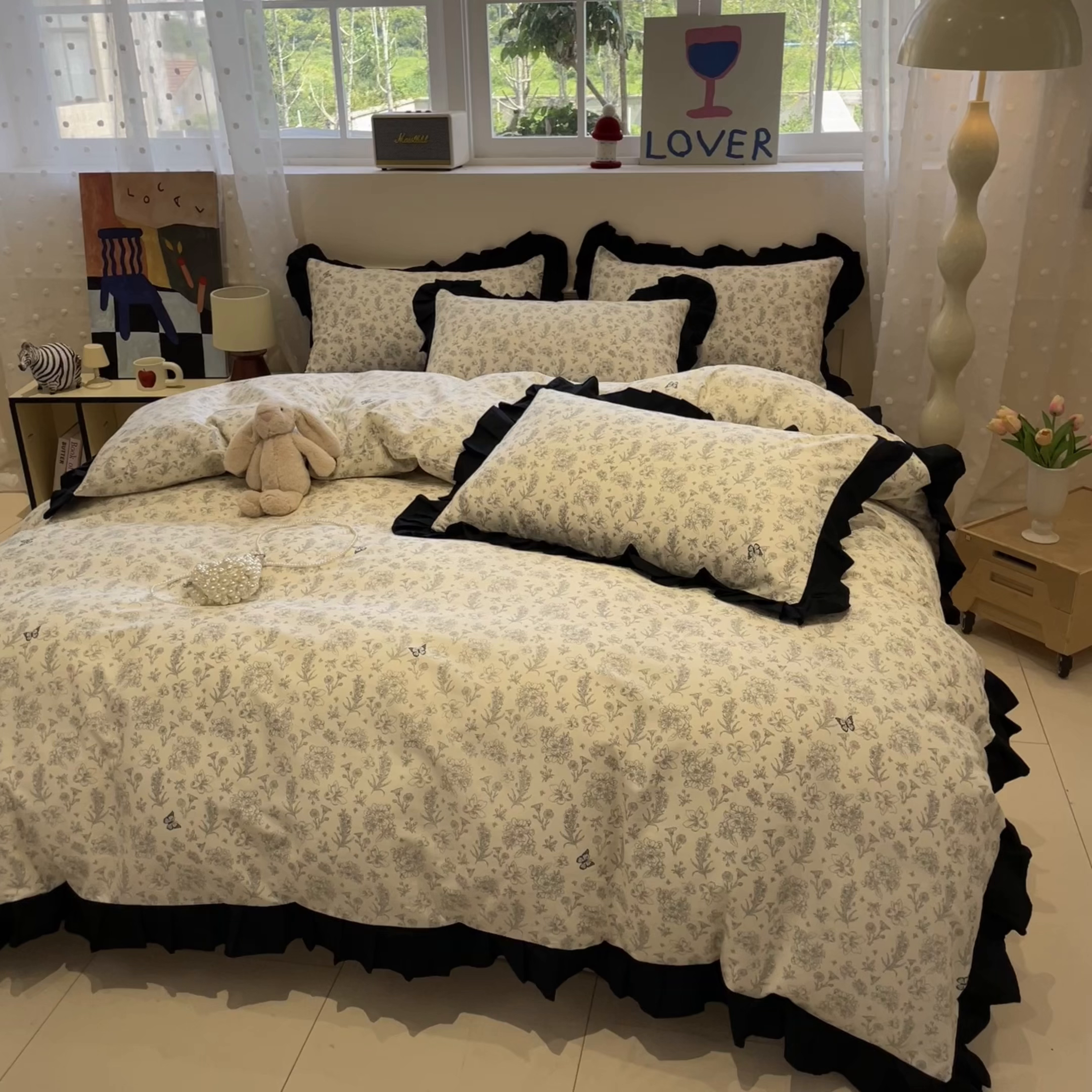 91家纺网 家纺一手货源 找家纺 羚羊语家纺 2025秋冬新款复古小清新花边款40支全棉纯棉轻法式13372小清新喷气印花 椿庭序