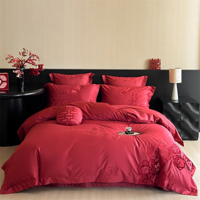 （總）紅番天婚慶 2025新款全棉純棉時(shí)尚100s刺繡婚慶四件套系列-愛情模樣