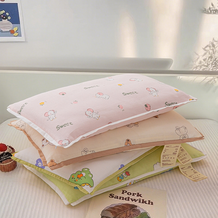 91家纺网 家纺一手货源 找家纺 （总）织布人 2025新款枕芯A类全棉纯棉双层纱卡通儿童学生枕套+棉花枕芯+羽丝绒枕芯枕头枕芯