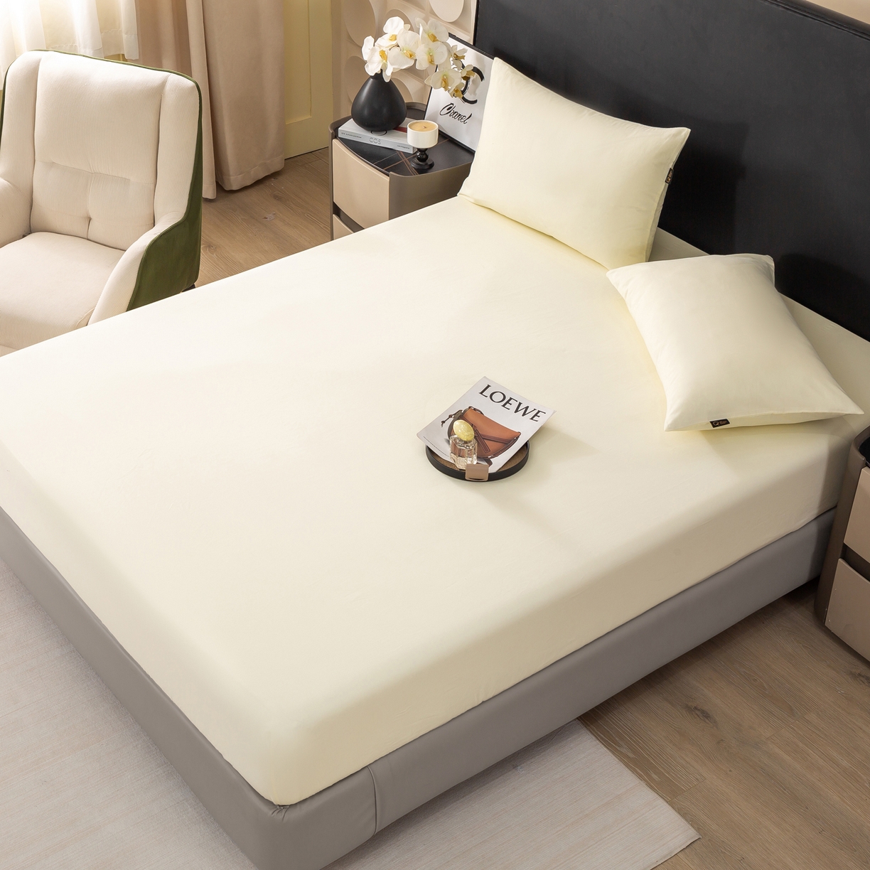 91家纺网 家纺一手货源 找家纺 憨豆家纺 2026新款全棉磨毛床笠纯棉加厚防尘罩全包围床笠跨境四季通用 梦境--单件床笠（奶昔白）