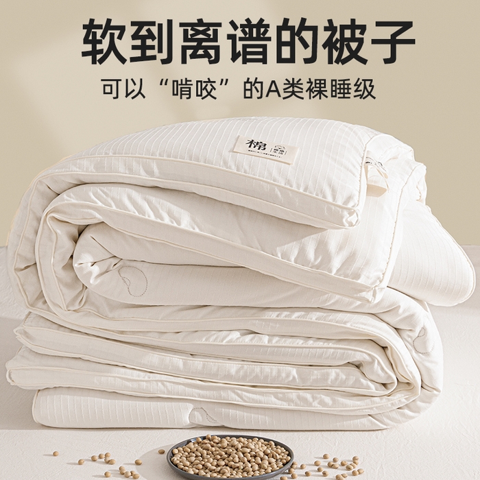 91家纺网 家纺一手货源 找家纺 天瑜家纺 2025新款原棉提花大豆被子母被春秋被子被芯 米黄