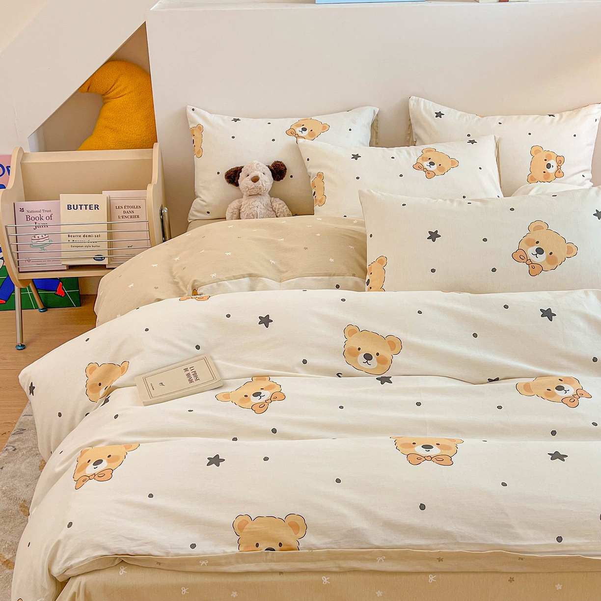 91家纺网 家纺一手货源 找家纺 麦伦家居 2025新款40s斜纹全棉纯棉跑量款卡通小清新四件套 领结熊宝