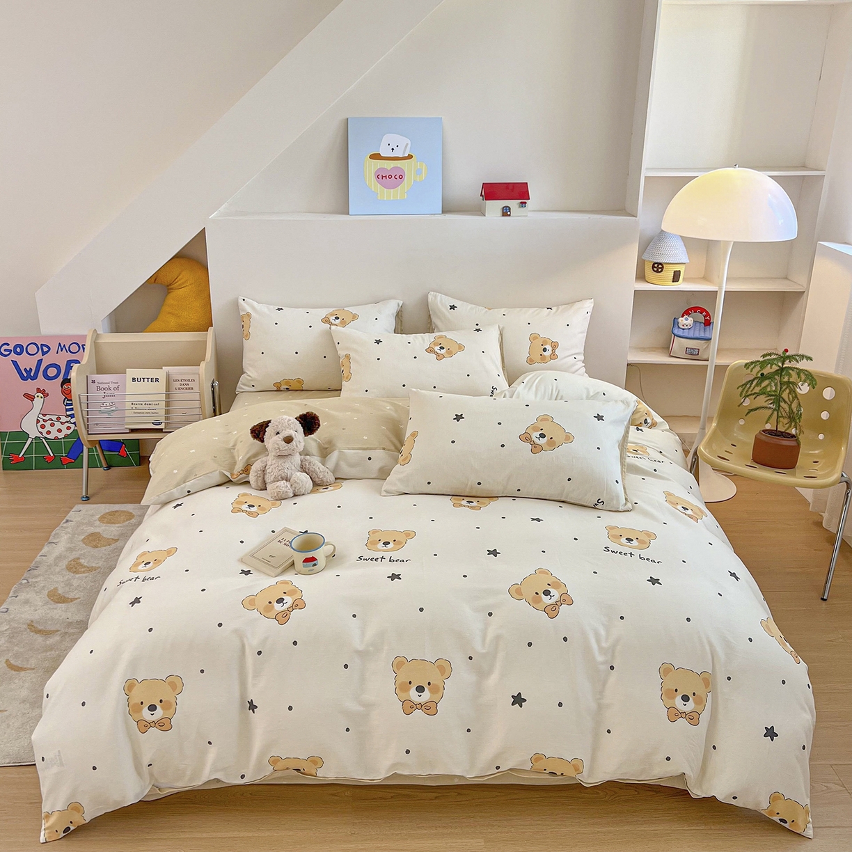 91家纺网 家纺一手货源 找家纺 麦伦家居 2025新款40s斜纹全棉纯棉跑量款卡通小清新四件套 领结熊宝