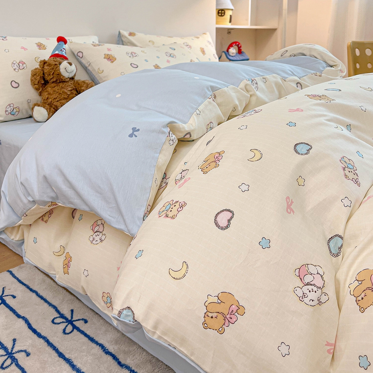 91家纺网 家纺一手货源 找家纺 麦伦家居 2025新款40s斜纹全棉纯棉跑量款卡通小清新四件套 抱抱熊