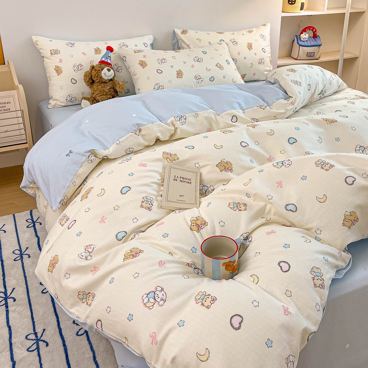 91家纺网 家纺一手货源 找家纺 麦伦家居 2025新款40s斜纹全棉纯棉跑量款卡通小清新四件套 抱抱熊