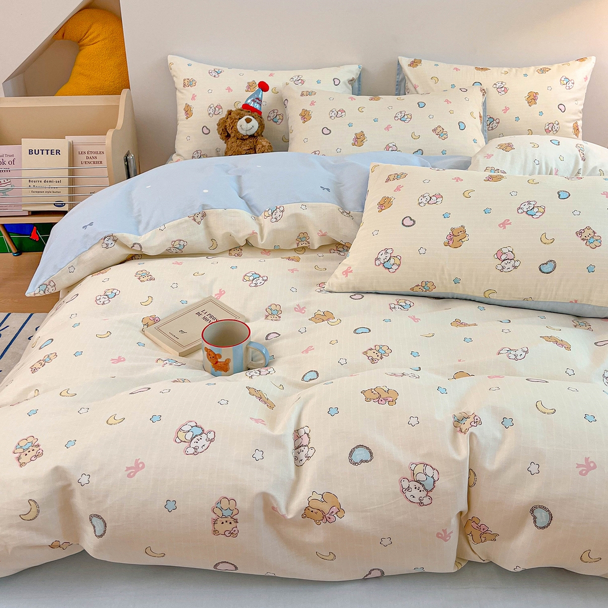 91家纺网 家纺一手货源 找家纺 麦伦家居 2025新款40s斜纹全棉纯棉跑量款卡通小清新四件套 抱抱熊