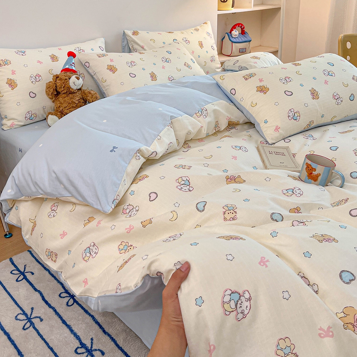 91家纺网 家纺一手货源 找家纺 麦伦家居 2025新款40s斜纹全棉纯棉跑量款卡通小清新四件套 抱抱熊