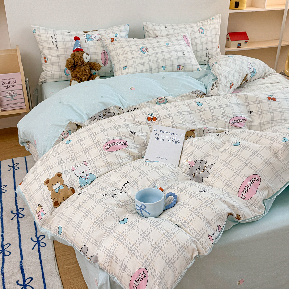 91家纺网 家纺一手货源 找家纺 麦伦家居 2025新款40s斜纹全棉纯棉跑量款卡通小清新四件套 樱桃熊仔