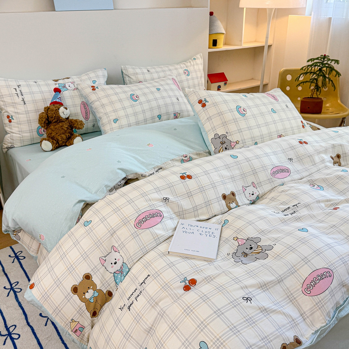 91家纺网 家纺一手货源 找家纺 麦伦家居 2025新款40s斜纹全棉纯棉跑量款卡通小清新四件套 樱桃熊仔