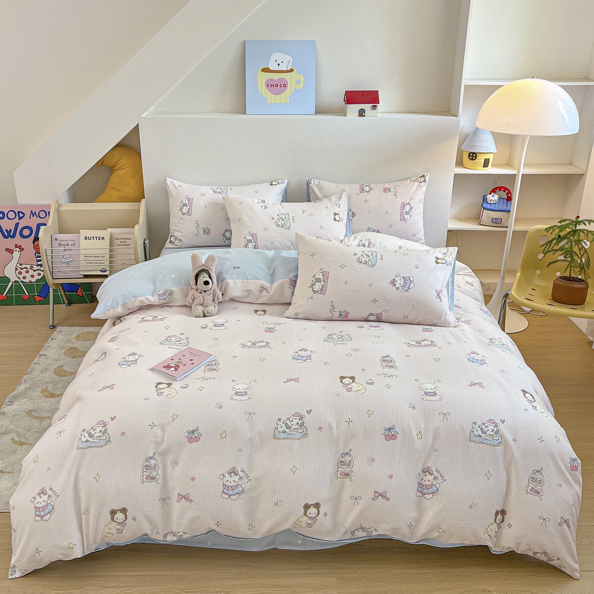 91家纺网 家纺一手货源 找家纺 麦伦家居 2025新款40s斜纹全棉纯棉跑量款卡通小清新四件套 甜品小狗