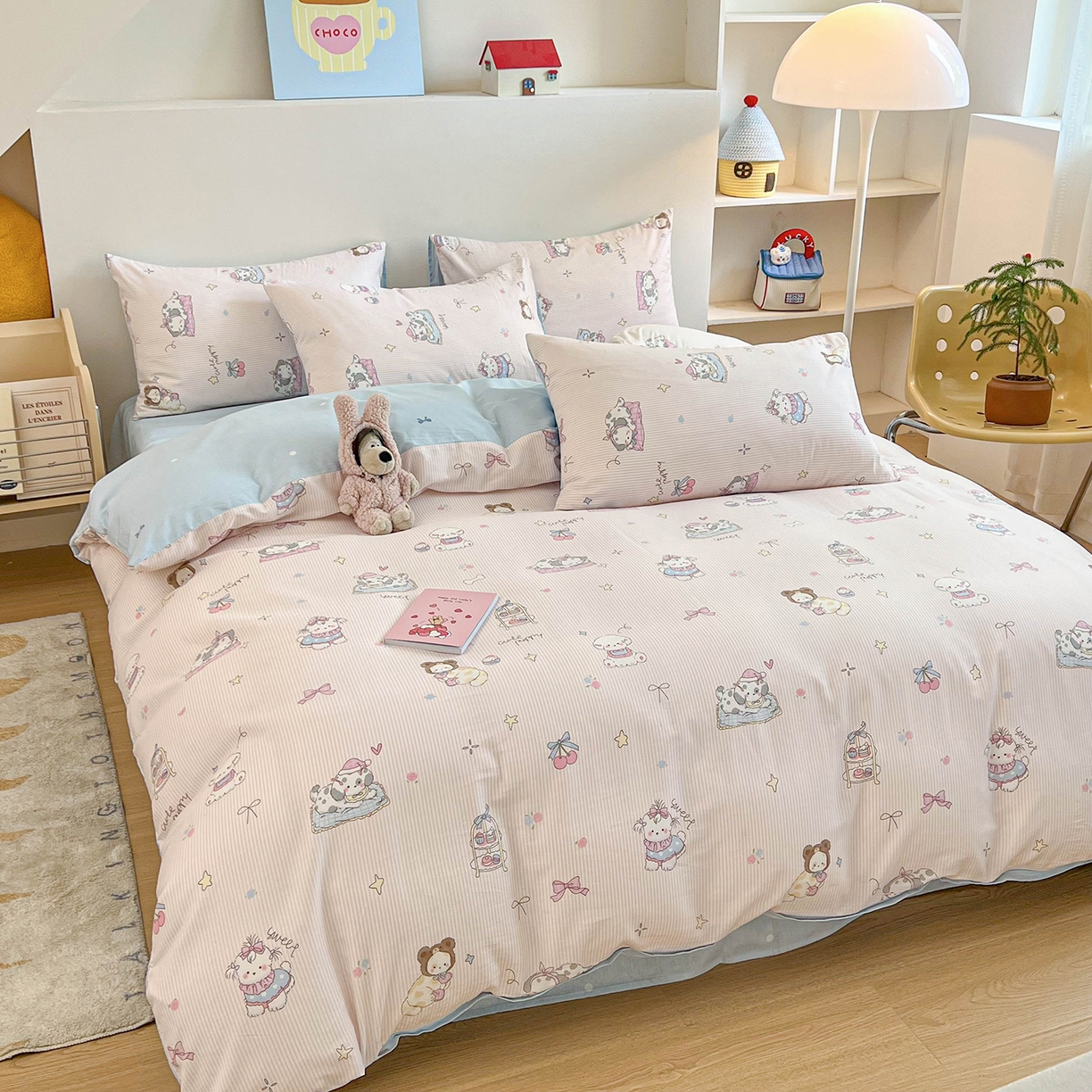 91家纺网 家纺一手货源 找家纺 麦伦家居 2025新款40s斜纹全棉纯棉跑量款卡通小清新四件套 甜品小狗