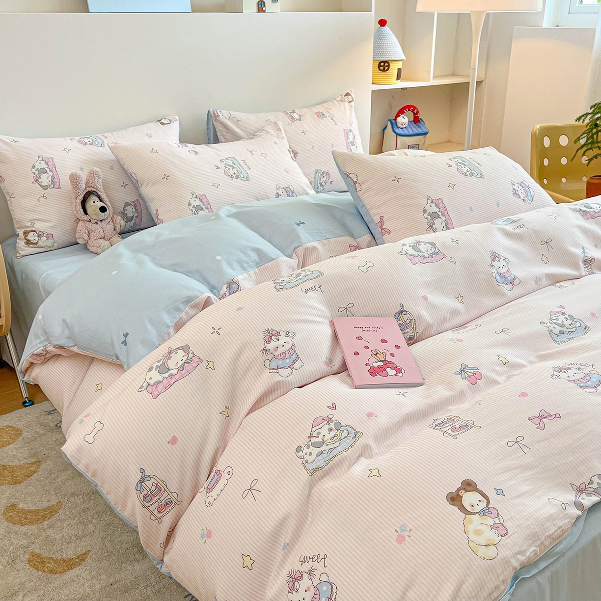 91家纺网 家纺一手货源 找家纺 麦伦家居 2025新款40s斜纹全棉纯棉跑量款卡通小清新四件套 甜品小狗