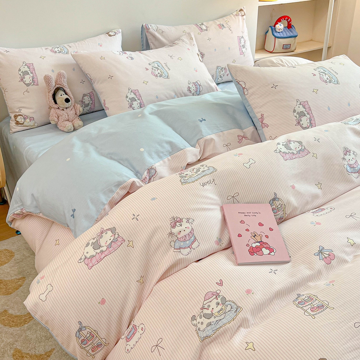 91家纺网 家纺一手货源 找家纺 麦伦家居 2025新款40s斜纹全棉纯棉跑量款卡通小清新四件套 甜品小狗