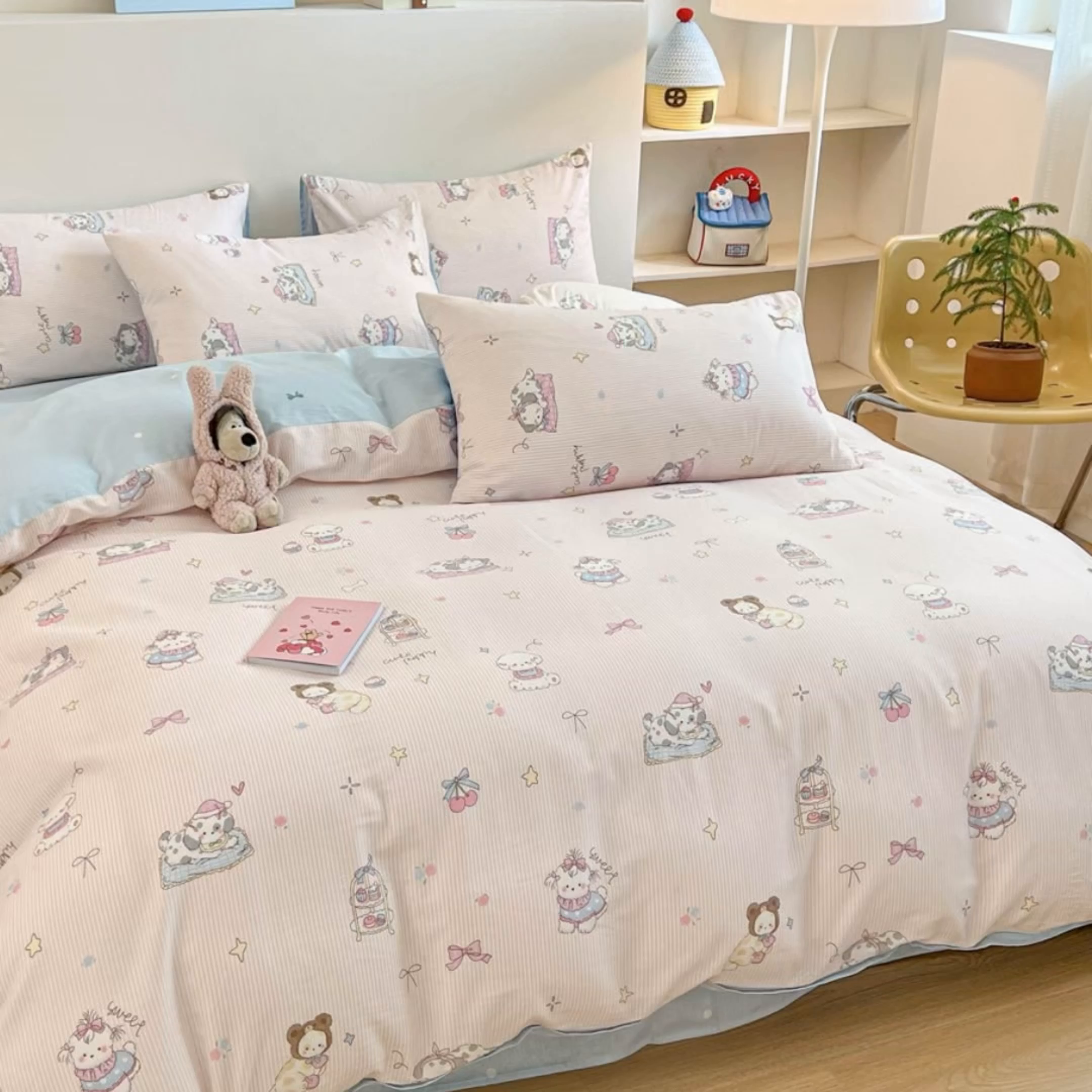 91家纺网 家纺一手货源 找家纺 麦伦家居 2025新款40s斜纹全棉纯棉跑量款卡通小清新四件套 甜品小狗