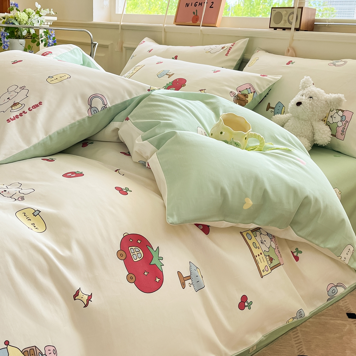 麦伦家居 2025新款40s斜纹全棉纯棉跑量款卡通小清新四件套 番茄小熊