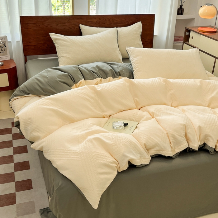 91家纺网 家纺一手货源 找家纺 沐棉家居 2025新款亲肤舒适全棉纯棉提花四件套 菱格米-灰