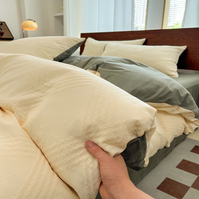 91家纺网 家纺一手货源 找家纺 沐棉家居 2025新款亲肤舒适全棉纯棉提花四件套 菱格米-灰