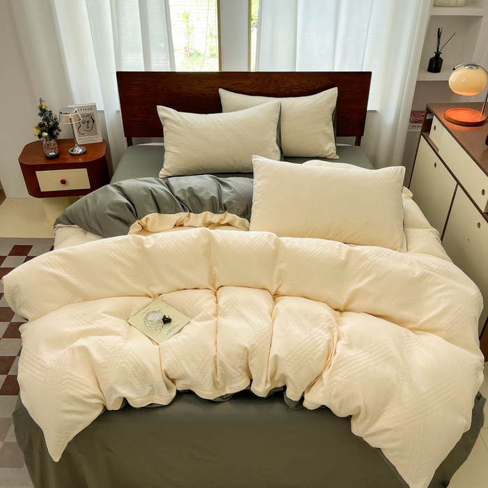 91家纺网 家纺一手货源 找家纺 沐棉家居 2025新款亲肤舒适全棉纯棉提花四件套 菱格米-灰