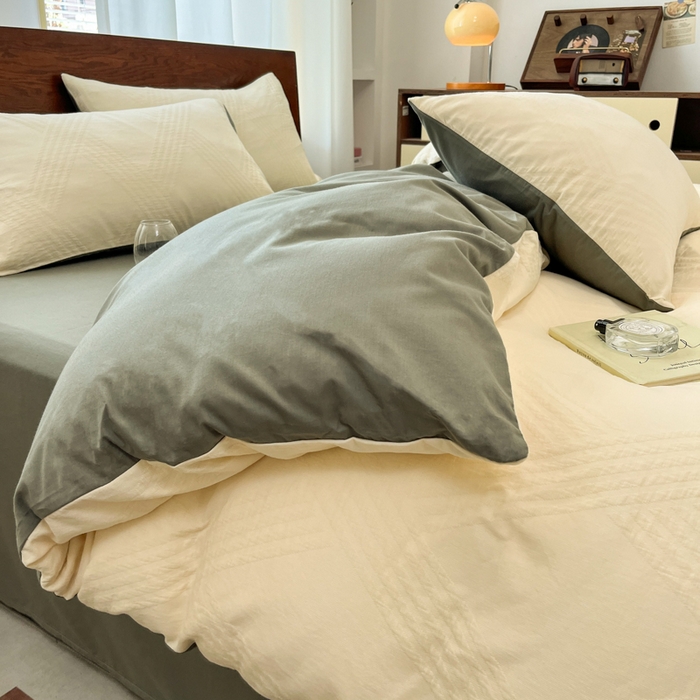 91家纺网 家纺一手货源 找家纺 沐棉家居 2025新款亲肤舒适全棉纯棉提花四件套 菱格米-灰