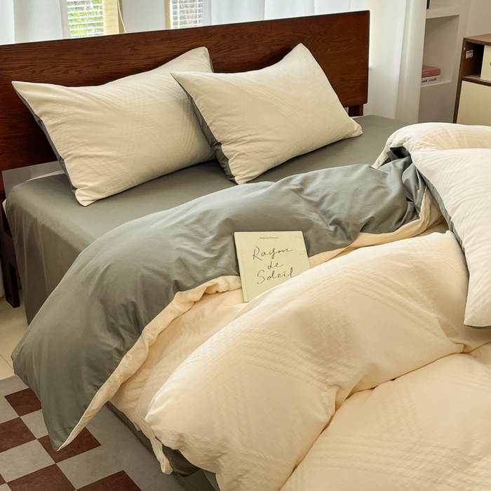 91家纺网 家纺一手货源 找家纺 沐棉家居 2025新款亲肤舒适全棉纯棉提花四件套 菱格米-灰