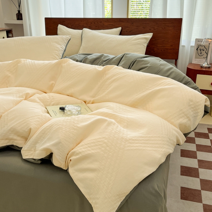 91家纺网 家纺一手货源 找家纺 沐棉家居 2025新款亲肤舒适全棉纯棉提花四件套 菱格米-灰