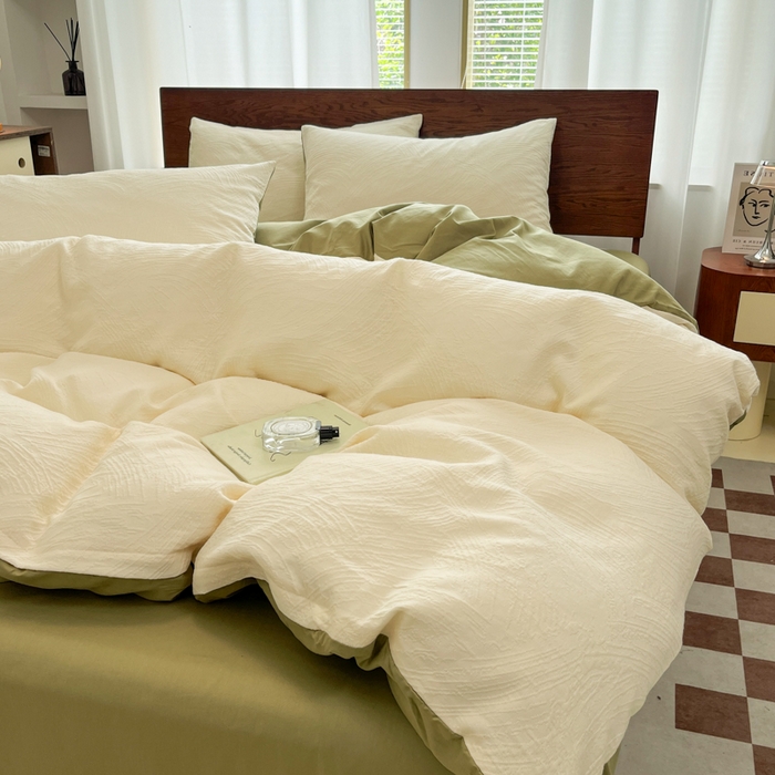 91家纺网 家纺一手货源 找家纺 沐棉家居 2025新款亲肤舒适全棉纯棉提花四件套 涂鸦米-绿