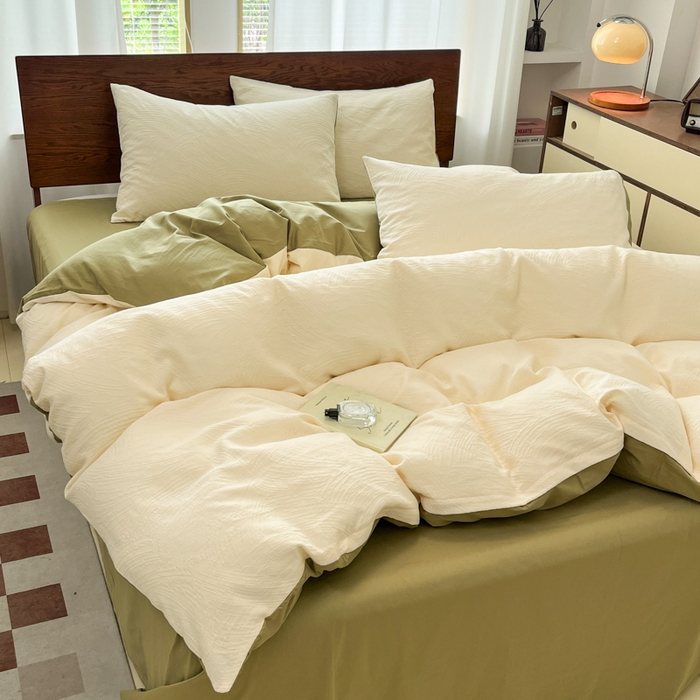 91家纺网 家纺一手货源 找家纺 沐棉家居 2025新款亲肤舒适全棉纯棉提花四件套 涂鸦米-绿