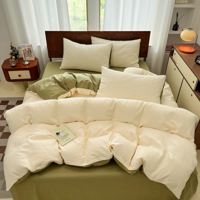 91家纺网 家纺一手货源 找家纺 沐棉家居 2025新款亲肤舒适全棉纯棉提花四件套 涂鸦米-绿