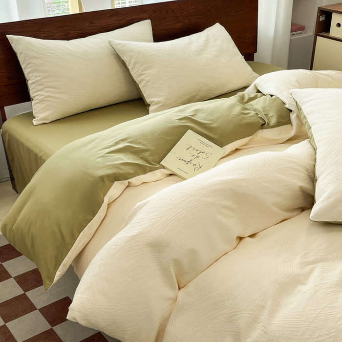 91家纺网 家纺一手货源 找家纺 沐棉家居 2025新款亲肤舒适全棉纯棉提花四件套 涂鸦米-绿