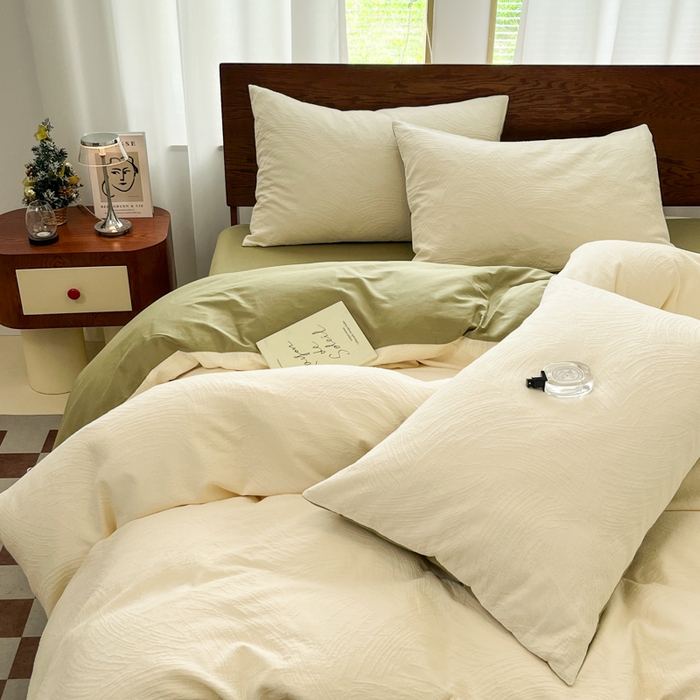 91家纺网 家纺一手货源 找家纺 沐棉家居 2025新款亲肤舒适全棉纯棉提花四件套 涂鸦米-绿