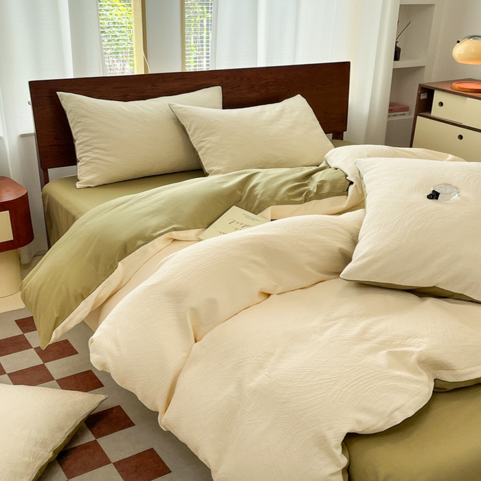 91家纺网 家纺一手货源 找家纺 沐棉家居 2025新款亲肤舒适全棉纯棉提花四件套 涂鸦米-绿