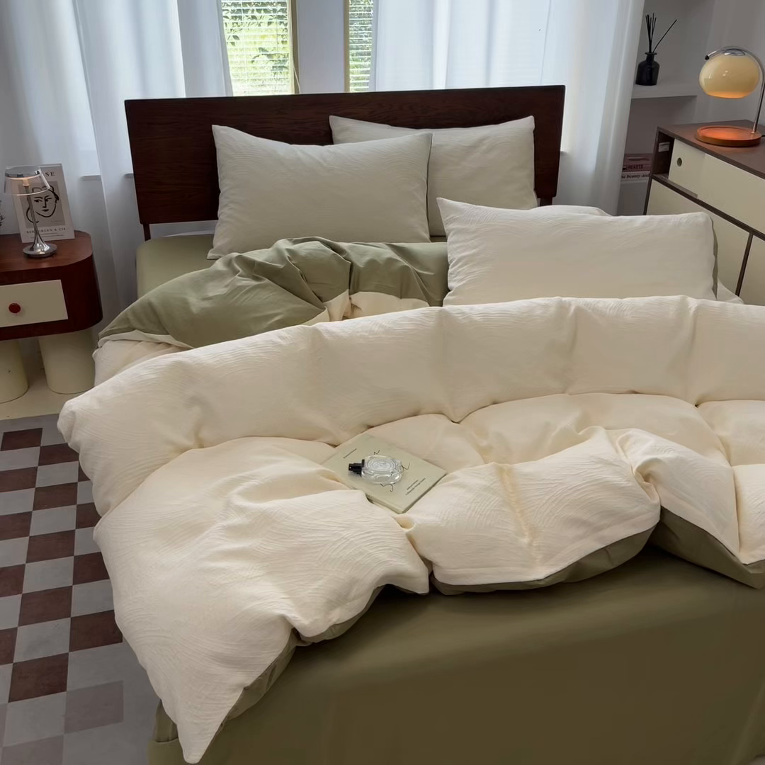 91家纺网 家纺一手货源 找家纺 沐棉家居 2025新款亲肤舒适全棉纯棉提花四件套 涂鸦米-绿