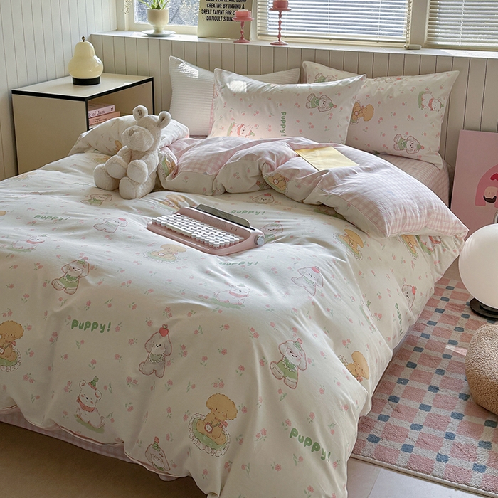 91家纺网 家纺一手货源 找家纺 麦伦家居 2025新款40s斜纹全棉纯棉跑量款卡通小清新四件套 可爱萌宠