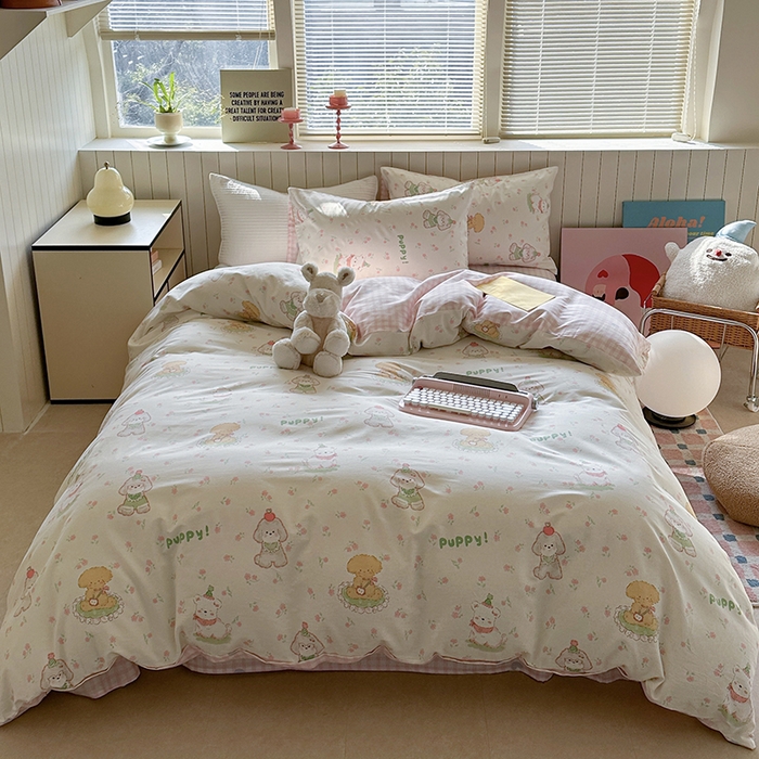 91家纺网 家纺一手货源 找家纺 麦伦家居 2025新款40s斜纹全棉纯棉跑量款卡通小清新四件套 可爱萌宠