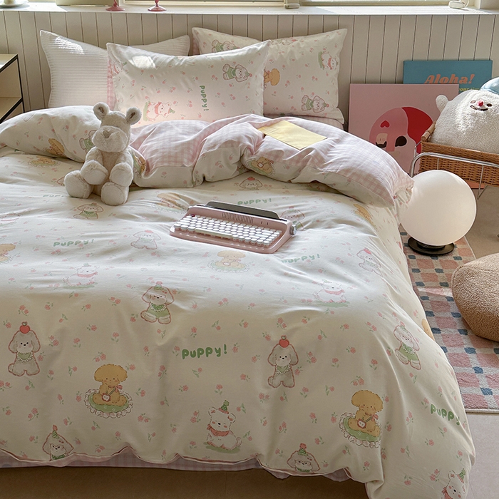 91家纺网 家纺一手货源 找家纺 麦伦家居 2025新款40s斜纹全棉纯棉跑量款卡通小清新四件套 可爱萌宠