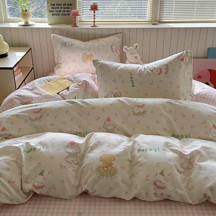 91家纺网 家纺一手货源 找家纺 麦伦家居 2025新款40s斜纹全棉纯棉跑量款卡通小清新四件套 可爱萌宠